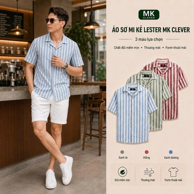 Áo Sơ Mi Nam kẻ sọc Lester MK CLEVER Chất Đũi thô, thoáng mát, chống nhăn, form rộng hằng ngày