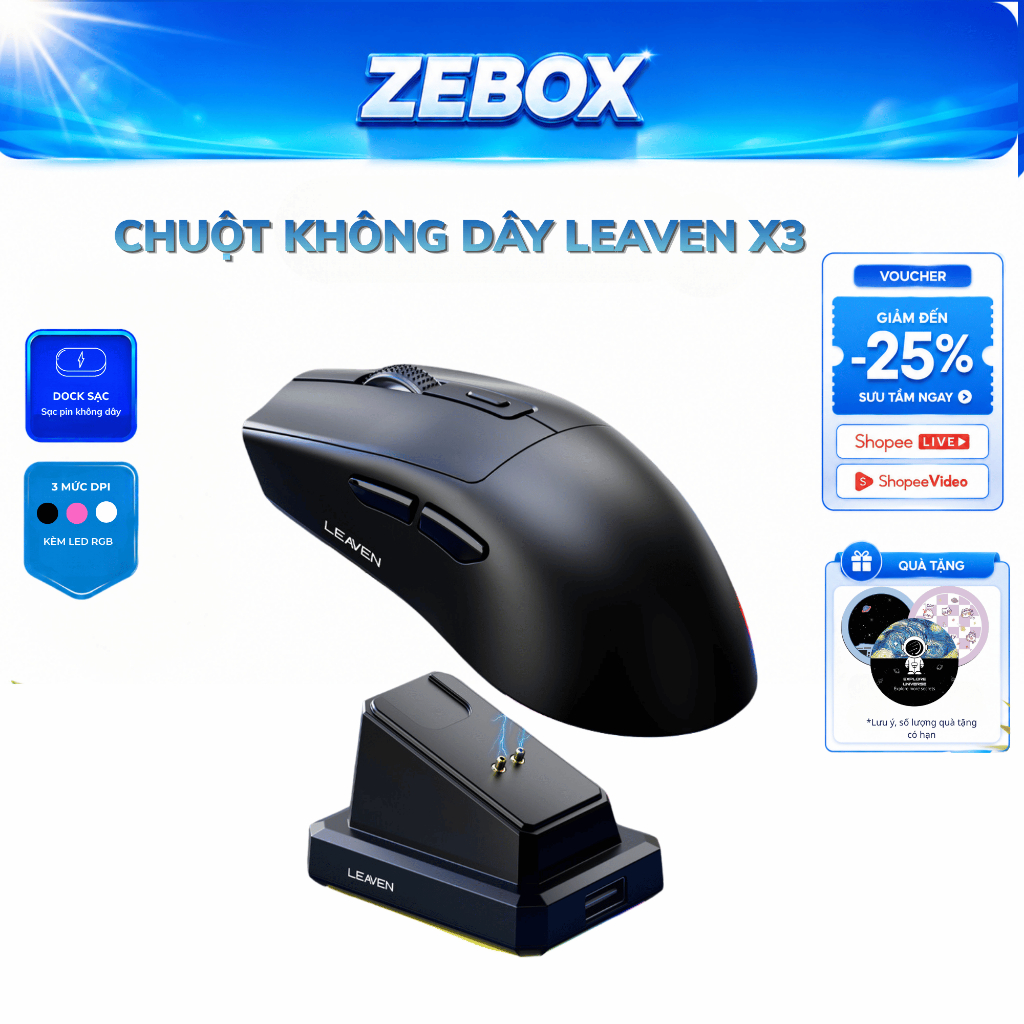 Chuột Gaming Không Dây LEAVEN X3 Chip Pro Đèn Led RGB, Chuột Không Dây Tích Hợp Dock Sạc, 3 Mức DPI