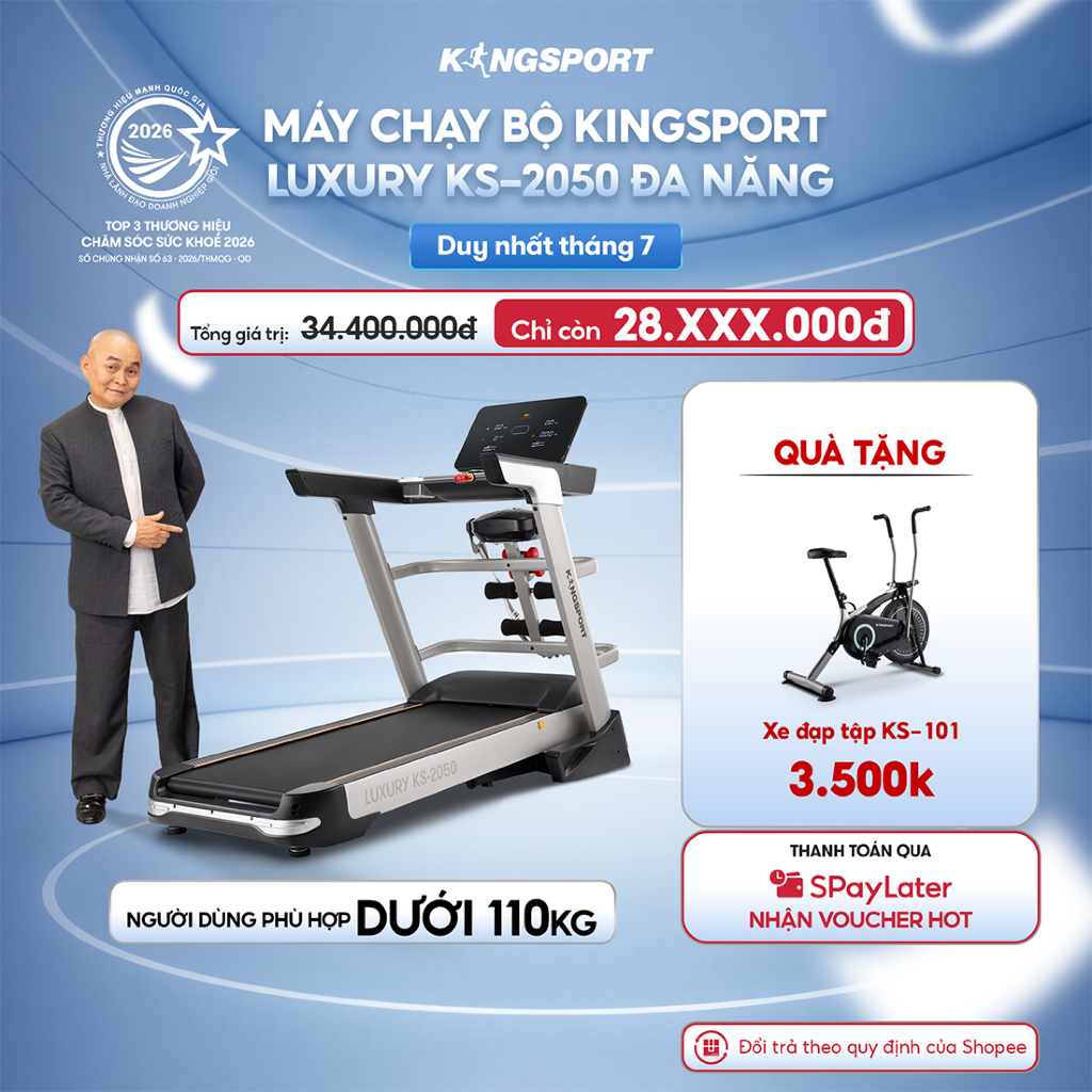 CHỈ GIAO MIỀN BẮC | Máy chạy bộ KINGSPORT Luxury KS-2050 tốc độ đến 18,8km/h, 12 bài luyện tập, tra 
