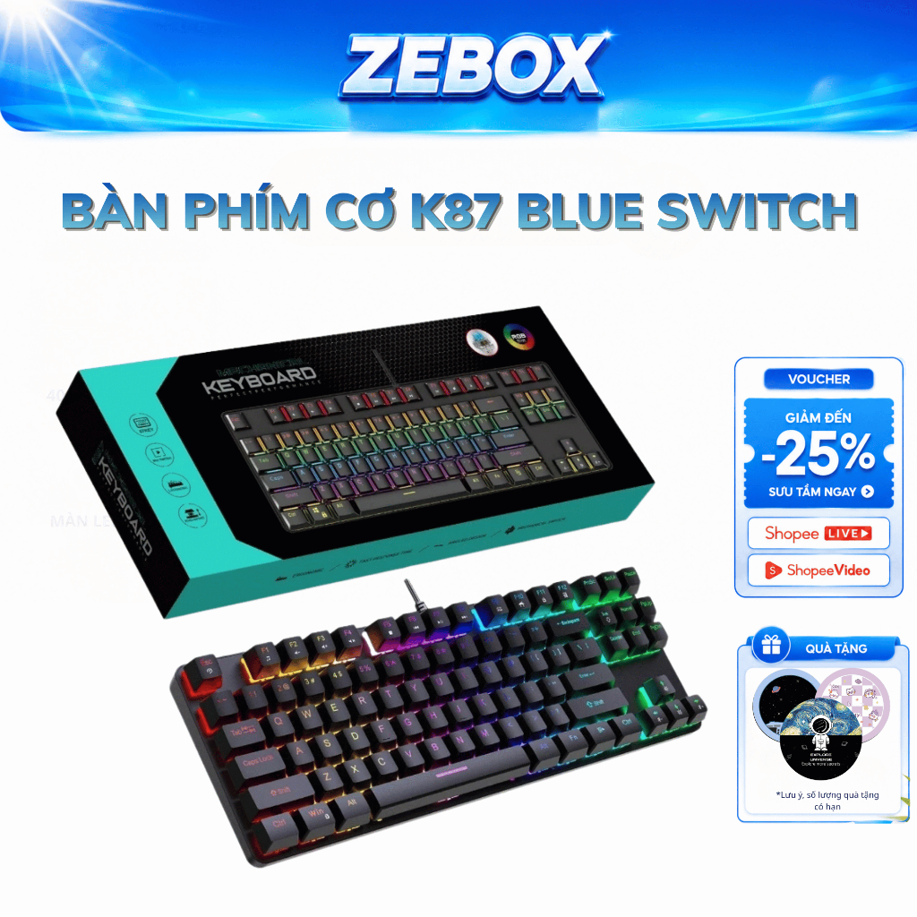 Bàn Phím Cơ K87 Pro, LED Rainbow 16 Mode Điều Chỉnh, Blue Switch, Keycap ABS Chống Nước