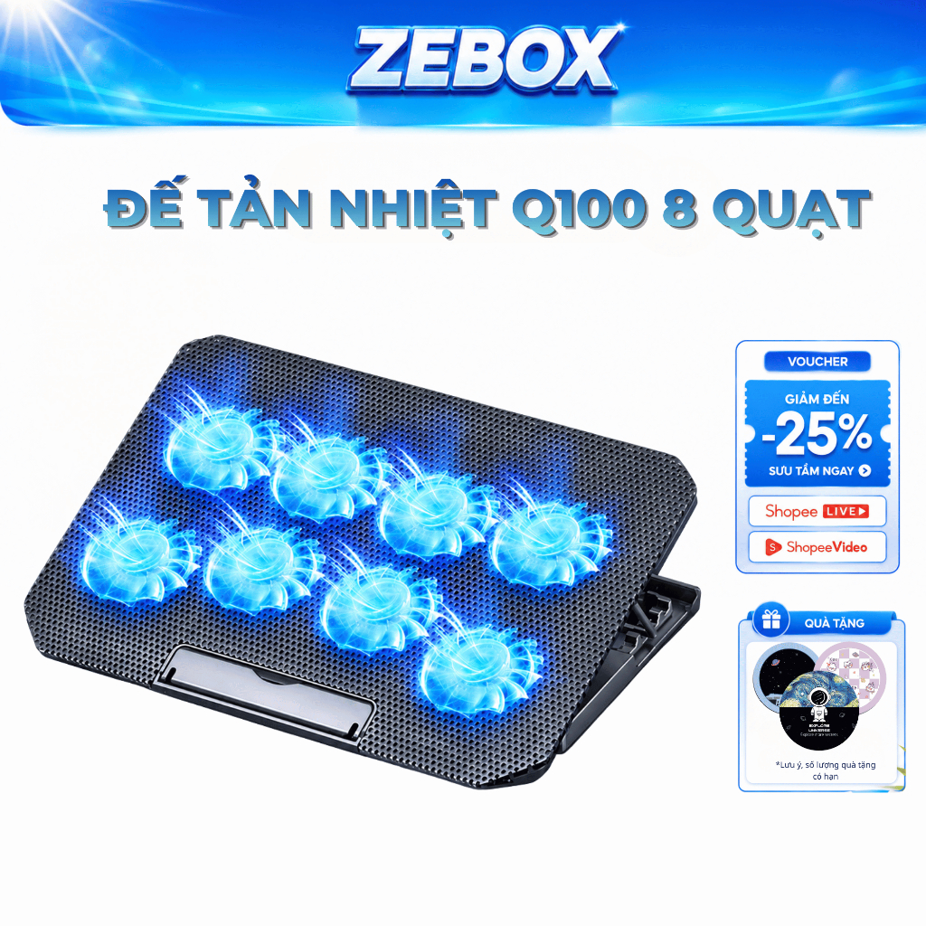 Đế Tản Nhiệt Laptop Q100 8 Quạt, Giá Đỡ Laptop Có 4 Mức Điều Chỉnh Chiều Cao, Hỗ Trợ 12–17 Inch