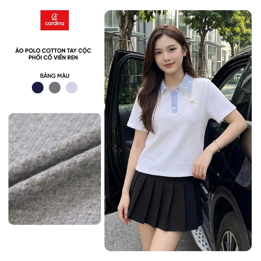 Áo polo nữ CARDINA chất cotton tay cộc phối cổ viền ren 6APC03