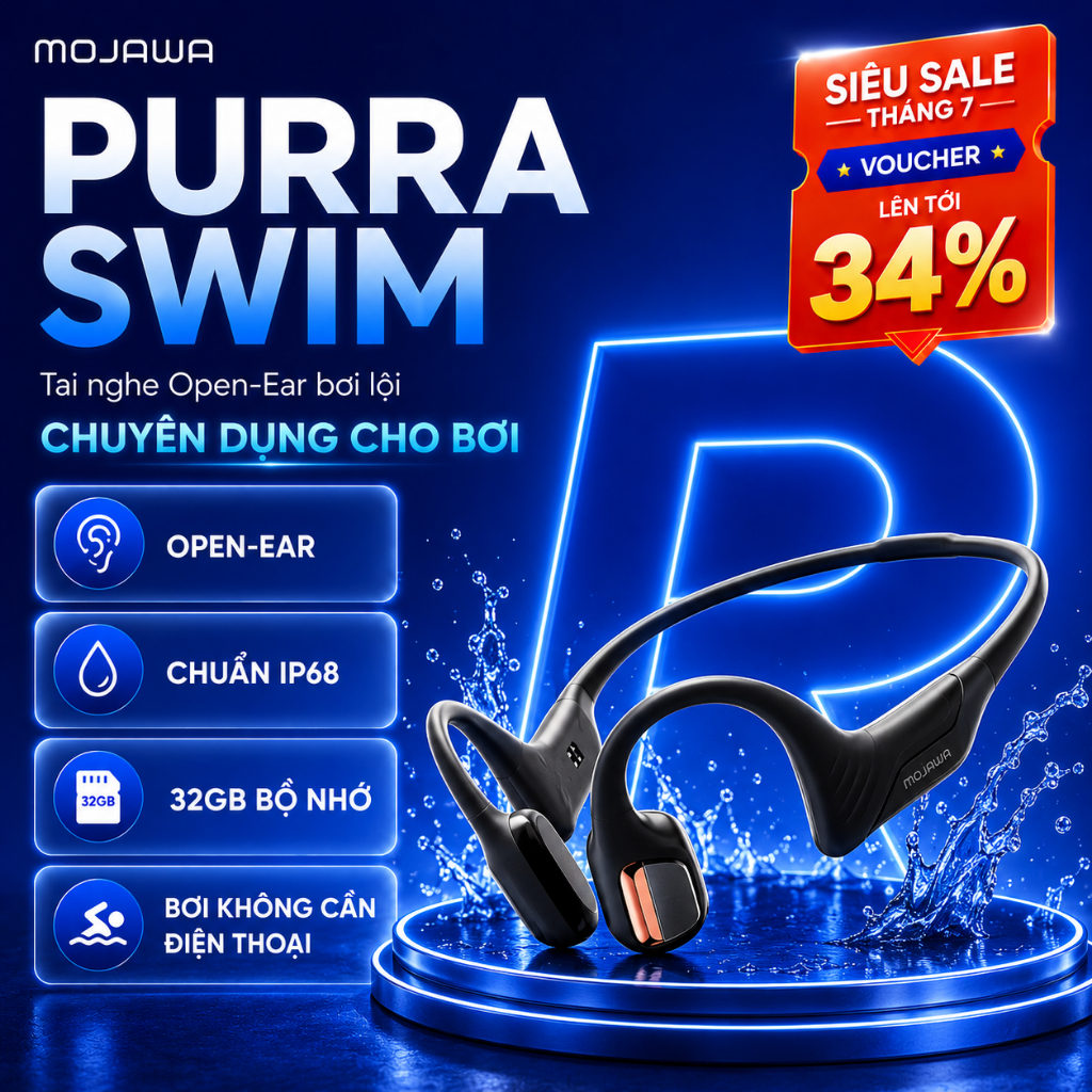 Tai nghe xương chống nước Mojawa Purra Swim – Nghe nhạc khi bơi, 32GB, Bluetooth + MP3, IP68