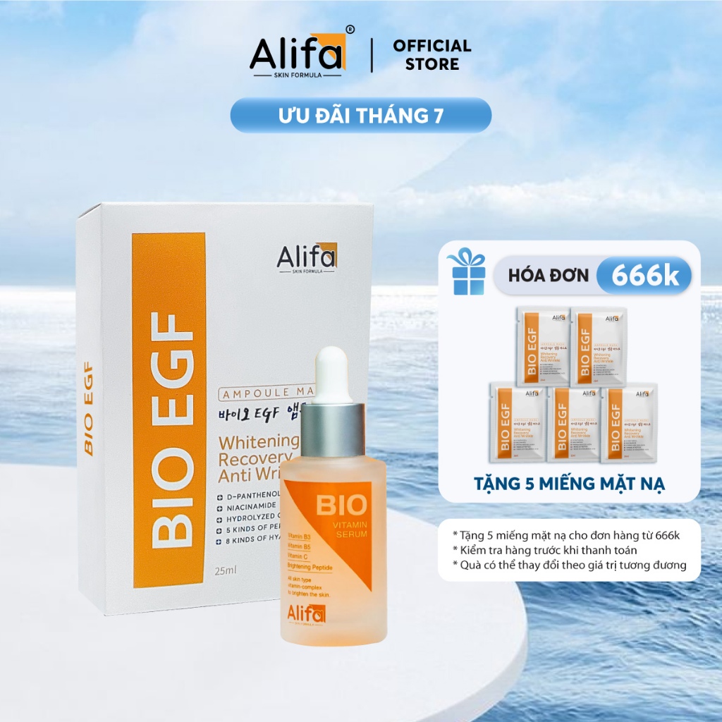 Combo dưỡng da 2: Serum dưỡng ẩm, dưỡng trắng da BIO Alifa 35ml và Hộp 10 miếng Mặt nạ Alifa EGF dưỡ