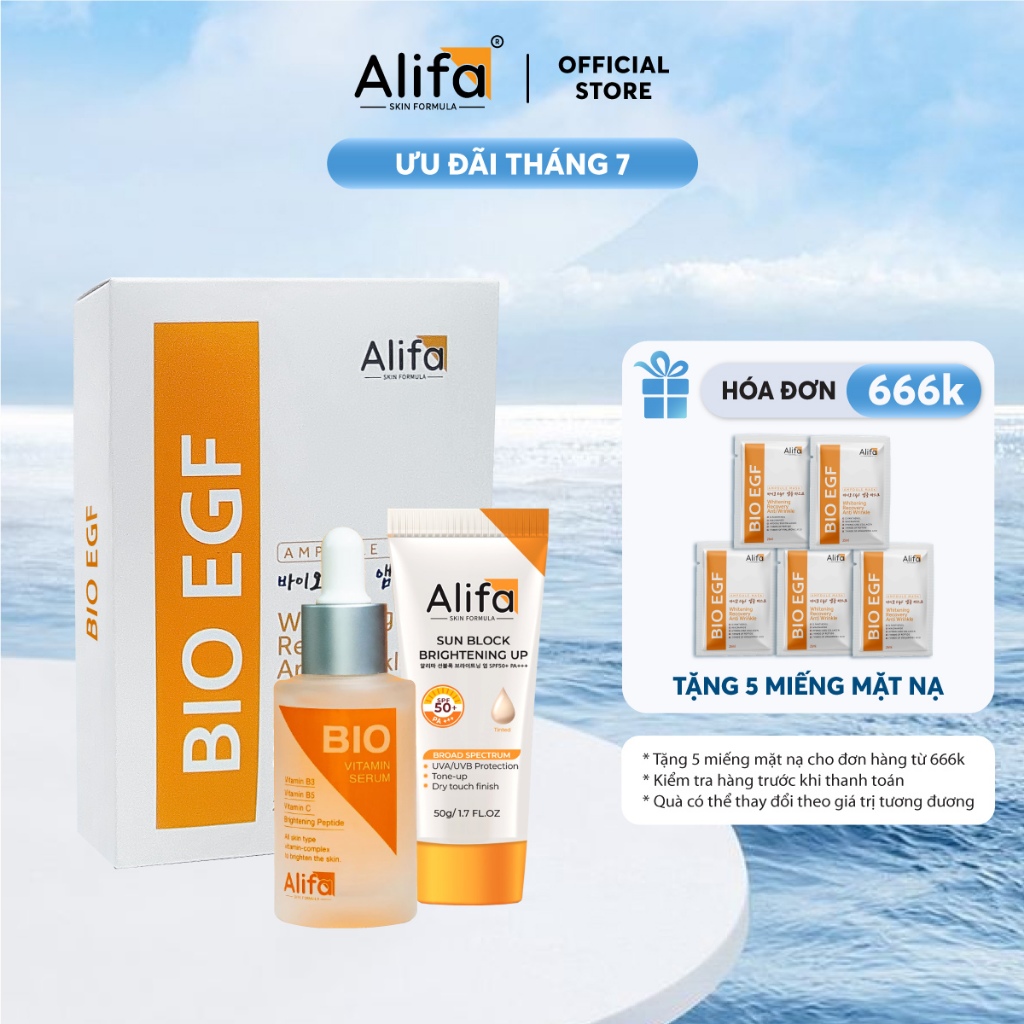 15/7 SALE LỚNCombo dưỡng da 4: Serum dưỡng ẩm Alifa BIO 35ml - Hộp 10 miếng Mặt nạ Alifa BIO EGF 25m