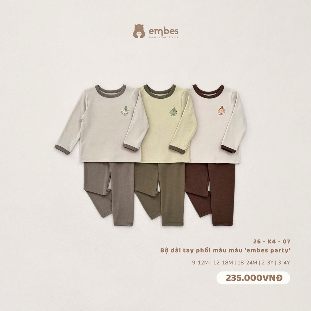 Bộ dài tay thu đông Embes phối màu cho bé trai. Bộ dài tay Embes Party cho bé trai từ 8-18kg BEO.Kid