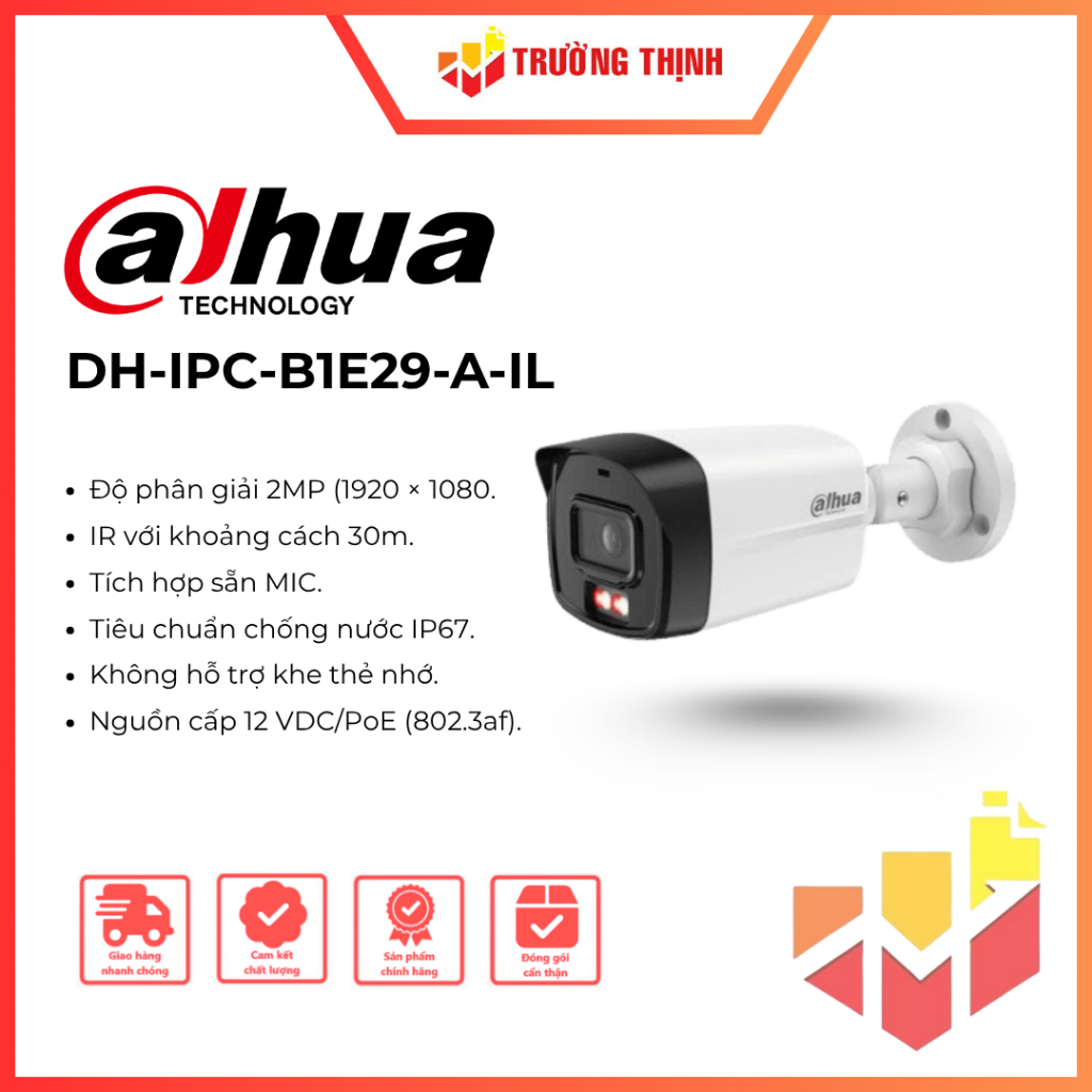 Camera IP ECO 2MP Dahua DH-IPC-B1E29-A-IL | Tích hợp thu âm | Có màu ban đêm | 2MP