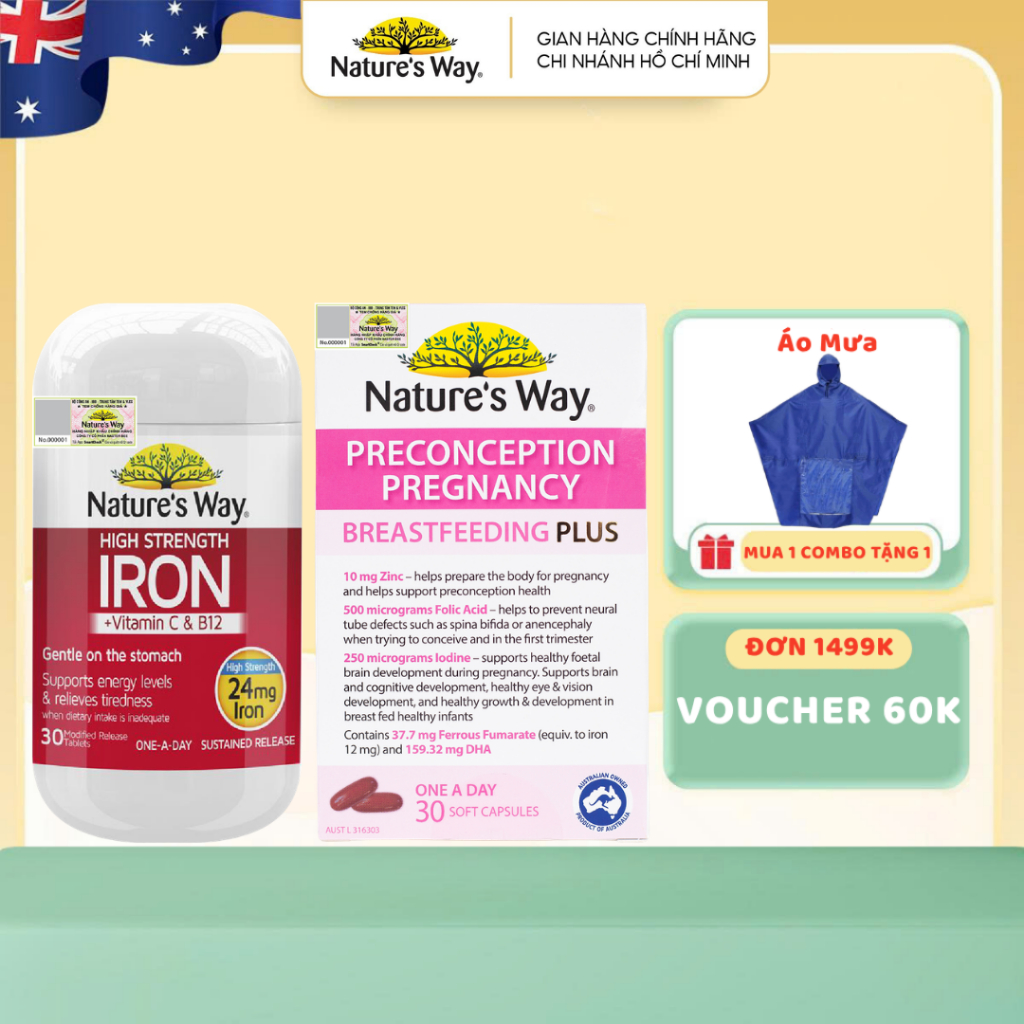 Combo Vitamin Bầu Thông Minh: Vitamin Bầu Tổng Hợp Nature's Way Pregnancy Breastfeeding Plus và Sắt 