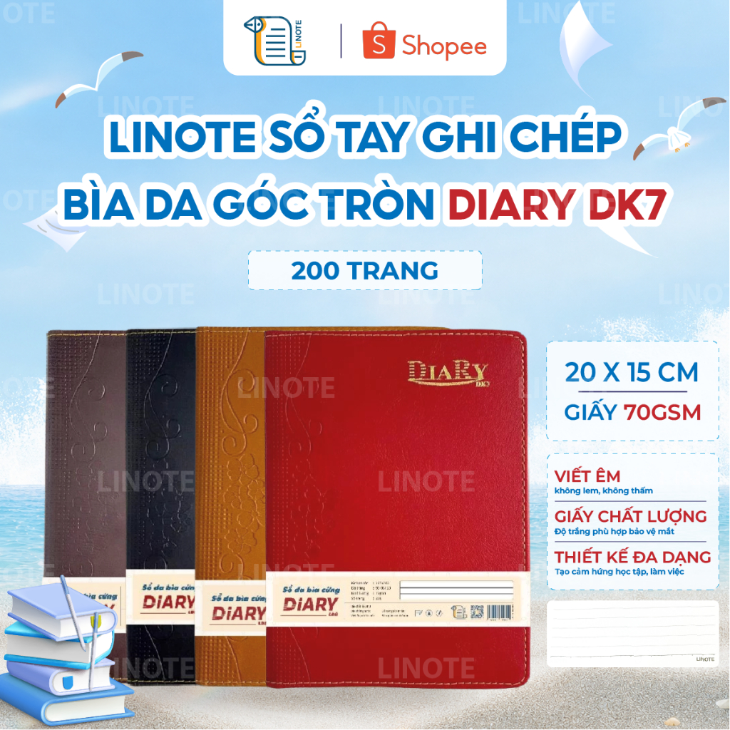 Sổ ghi chép bìa da góc tròn A5 DIARY DK7, giấy trắng dòng kẻ ngang, định lượng 70gsm, 200 Trang, sổ 