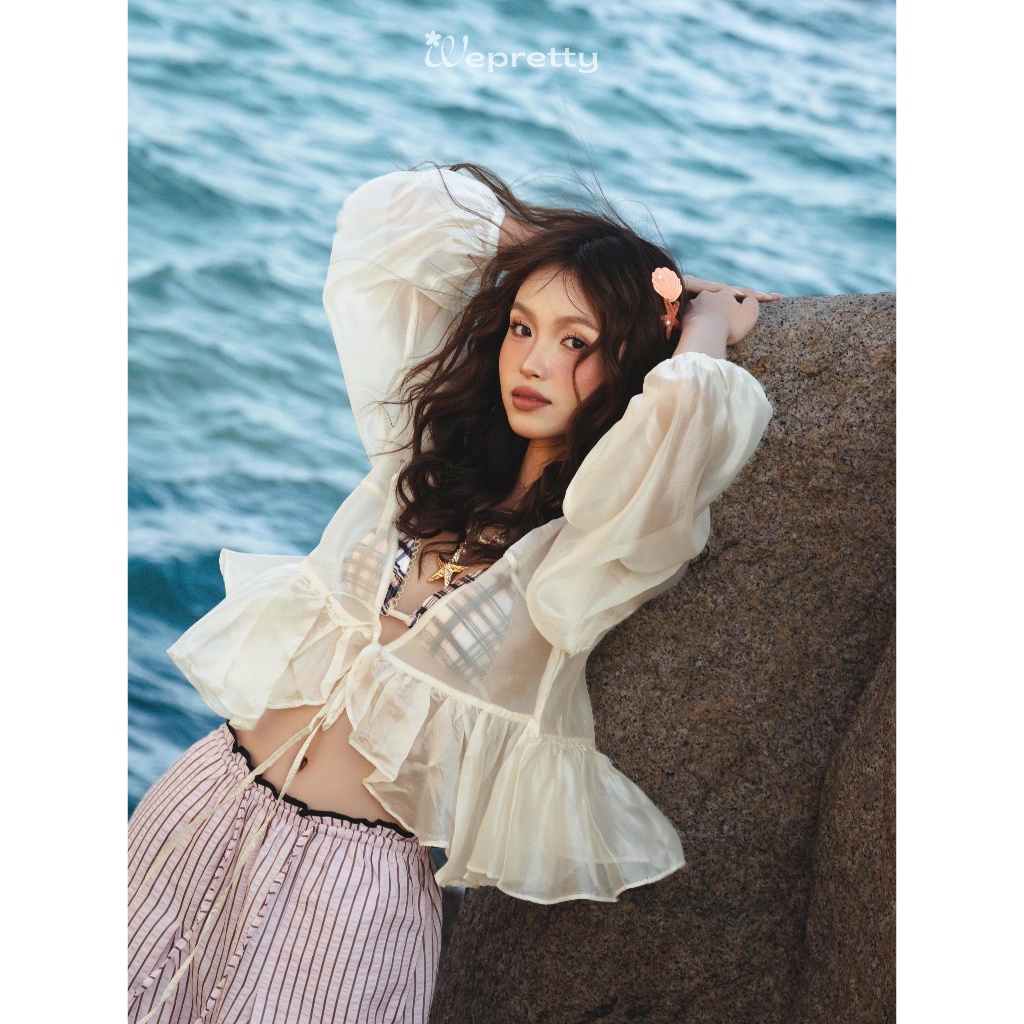 [Tặng Áo Quây] AH13 MERMAID TOP Áo khoác Cardigan Chất Tơ Mềm Ngắn Cột Dây Tay Dài Áo Cardigan Khoác