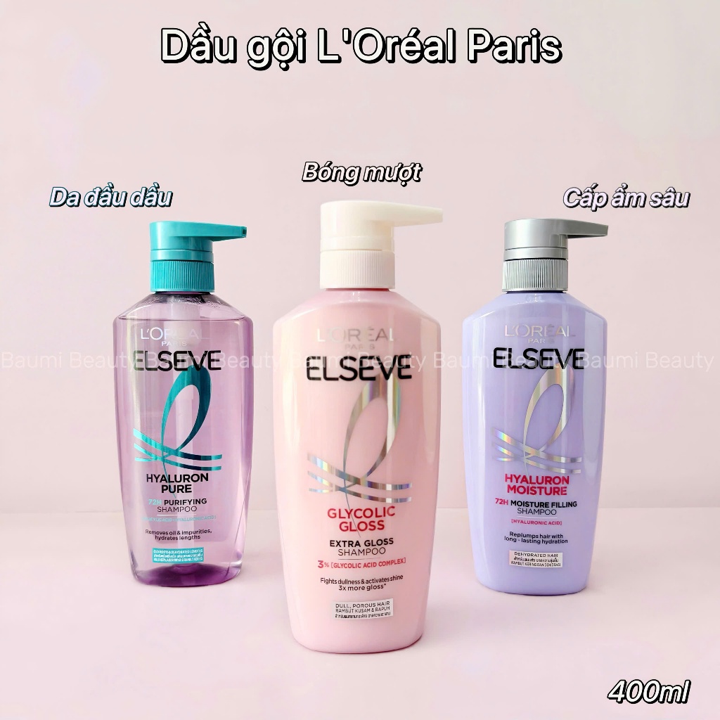 Dầu gội tóc bồng bềnh, suôn mượt, kiềm dầu, cấp ẩm Loreal Paris Elseve Shampoo 400ml - Pháp