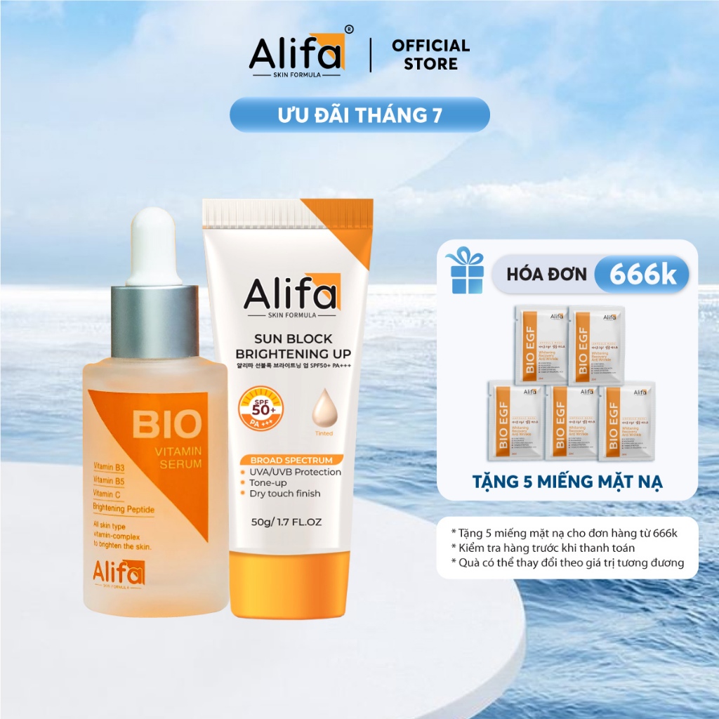 15/7 SALE LỚNCombo dưỡng da 1: Kem chống nắng cho mặt Alifa Sun Block 50g và Serum dưỡng ẩm, dưỡng t