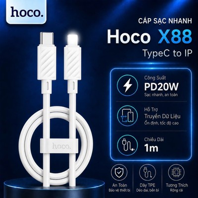 Cáp sạc nhanh Typec to IP PD20W Hoco X88 dùng cho 14 trở xuống, dây dẻo chống rối dài 1M