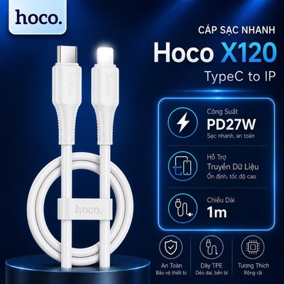 Cáp sạc nhanh PD27W TypeC to IP  Hoco X120 dây dẻo siêu bền dùng cho 14 trở xuống , dài 1M