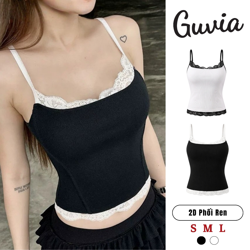 Áo Hai Dây Phối Ren Thun Gân Mềm, Áo Thun Sát Nách Ren Ôm Body GUVIA CR207