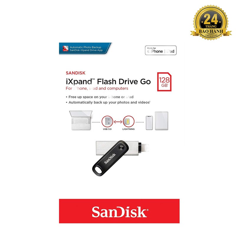 USB 3.0 OTG 128GB SanDisk ixpand GO Flash Drive - đầu laining và USB (Bạc)