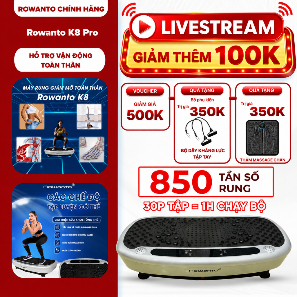 [LIVE] Máy Rung thể hinh  ROWANTO K8 bản mới nhất 2025, Máy tập thể dục tại nhà hiệu quả