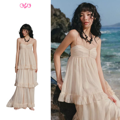 Đầm OLV 2 dây voan Cream Chiffon Ruffled Tiered Maxi Dress phù hợp mùa hè đi chơi đi biển