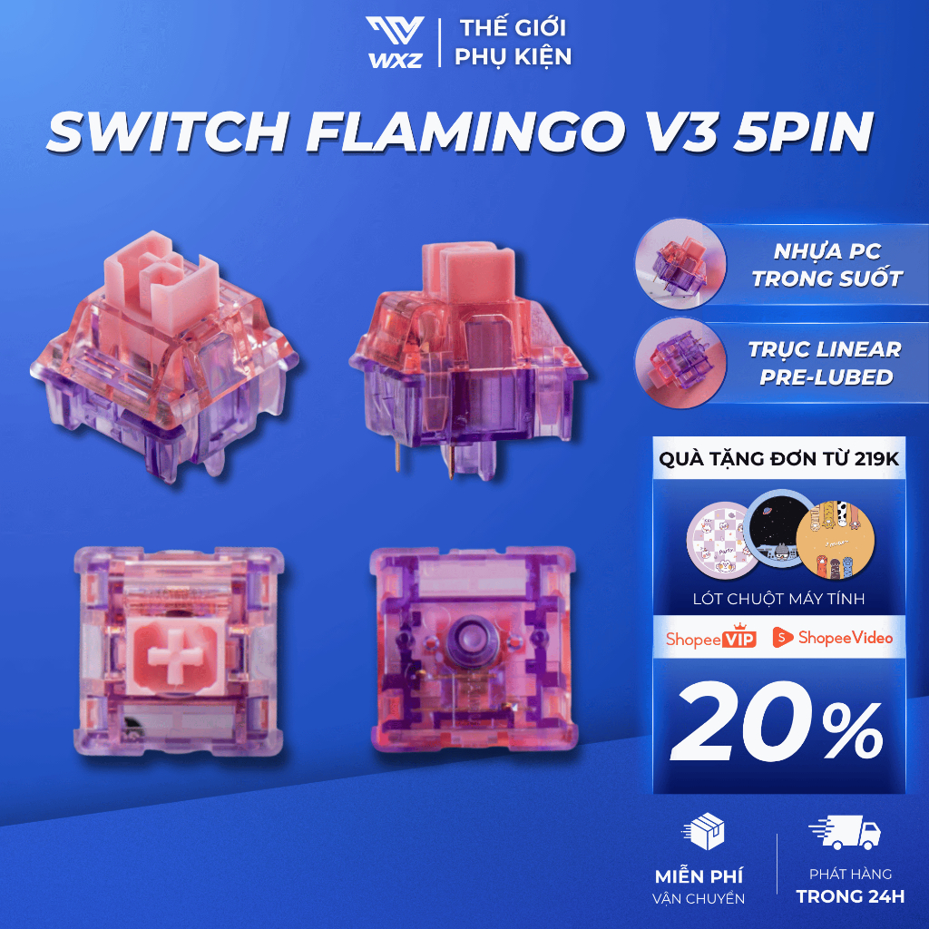 Switch Bàn Phím Cơ HAIMU Flamingo V3 Linear 5 PIN 47g Công Tắc Bàn Phím Cơ Trong Suốt Tản Led Tốt