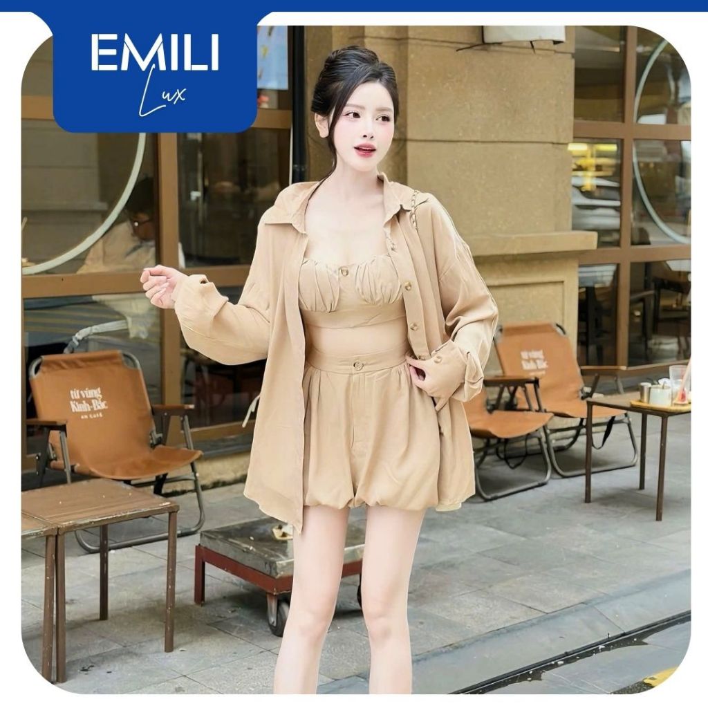 Set áo quây cúp ngực Emili phối quần bí kiểu nữ kèm áo khoác sơ mi [T1315]