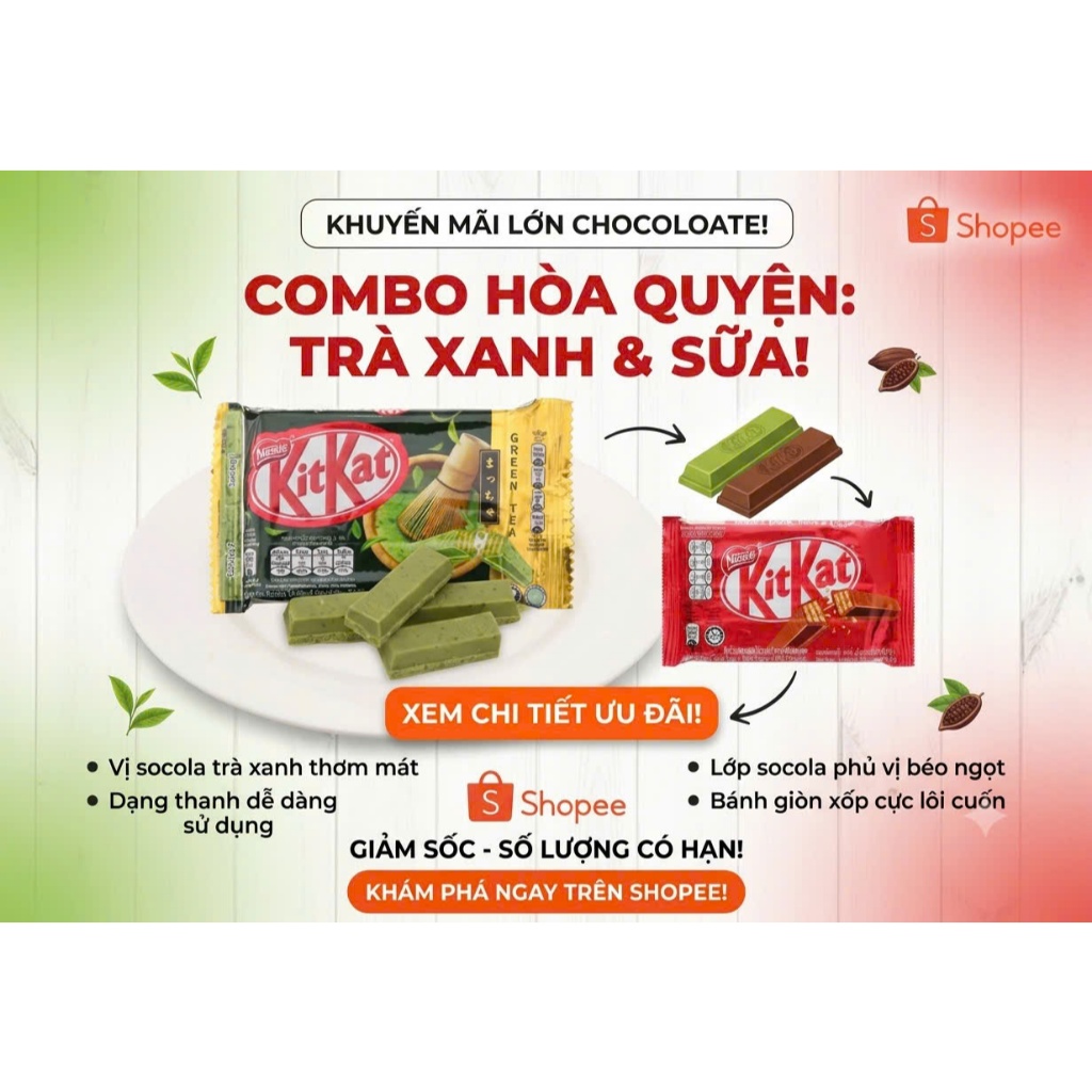 Kitkat 4F Bánh xốp phủ trà xanh/ Bánh xốp phủ Socola 35g TẶNG 1 con gấu KITKAT