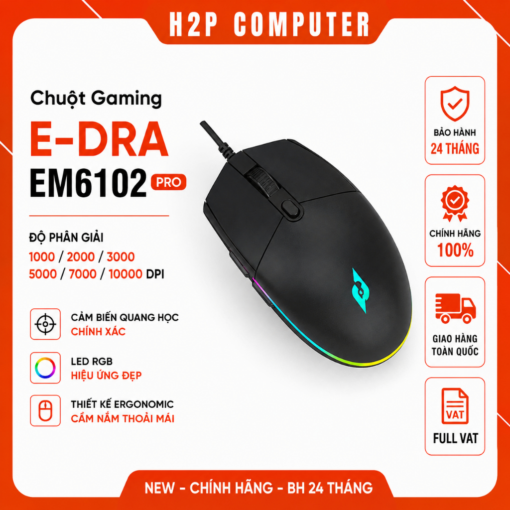 Chuột Gaming E-Dra EM6102 Pro màu đen - Led RGB - Độ phân giải: 1000/2000/3000/5000/7000/10000 DPI -