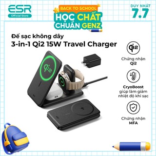 Đế sạc không dây ESR 3-in-1 Qi2 15W Travel Charger Set hút từ tính mạnh mẽ thiết kế gập gọn sạc nhiều thiết bị
