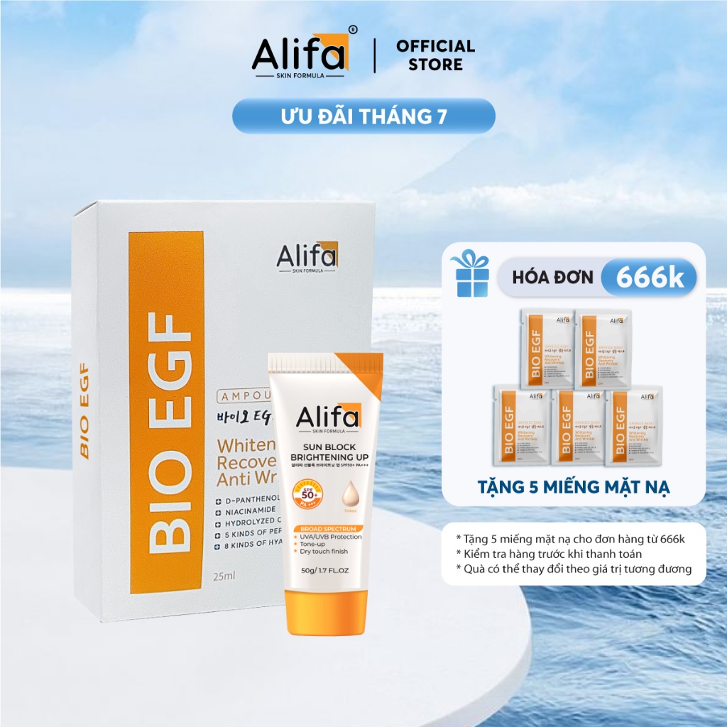 15/7 SALE LỚNCombo dưỡng da 3: Hộp 10 miếng Mặt nạ Alifa BIO EGF dưỡng ẩm, phục hồi da 25ml và Kem c