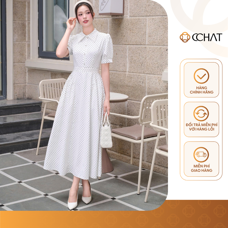 Đầm Nữ 𝐂𝐂𝐇𝐀𝐓 Dáng Xòe Elise Họa Tiết Chấm Bi Trẻ Trung Chất Liệu Tuytsi Cao Cấp 16VNS2024XT