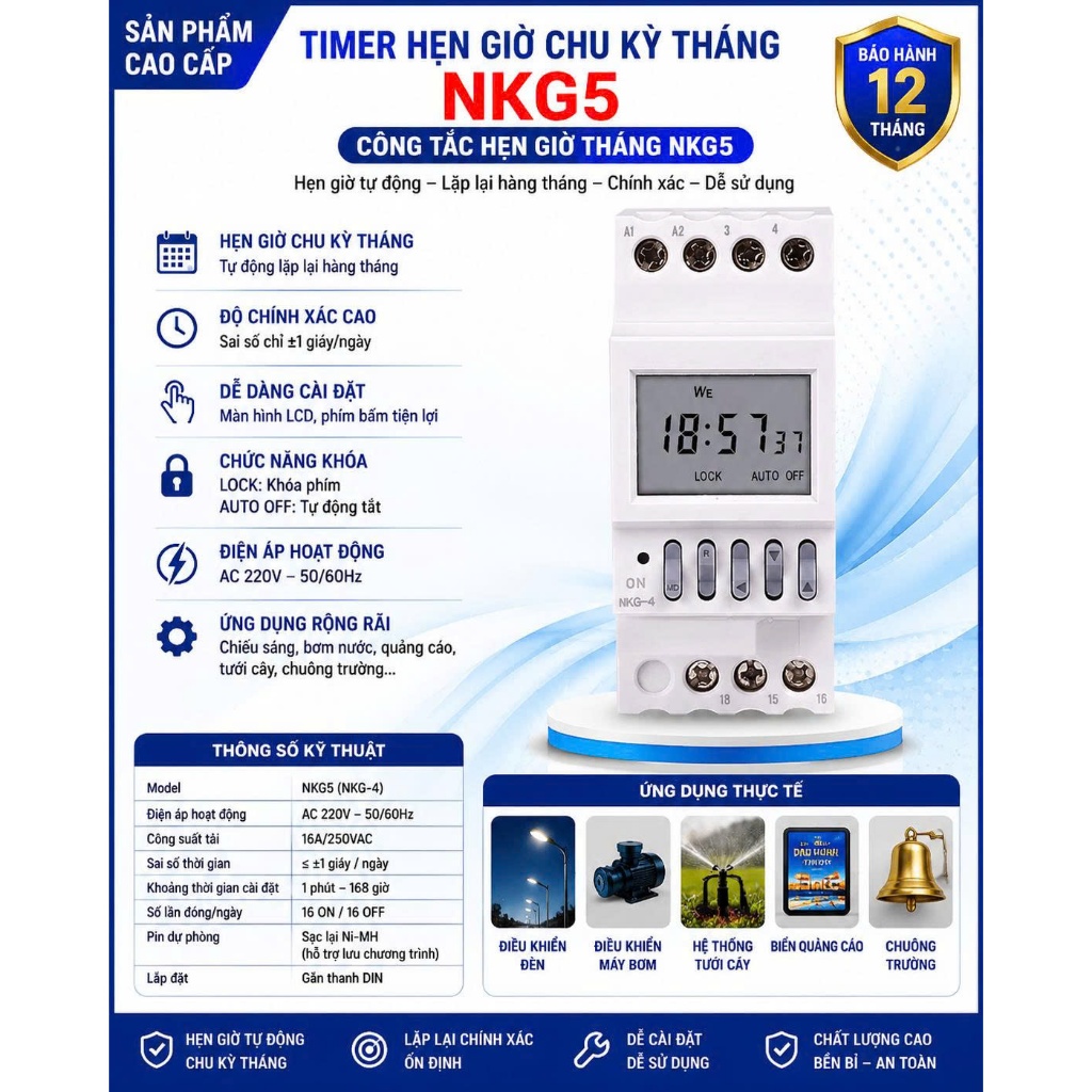 (HÀNG CHUẨN)Timer hẹn giờ chu kỳ tháng NKG5, công tắc hẹn giờ tháng NKG5 dễ sử dụng cài đặt