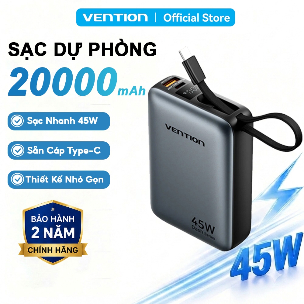 Sạc Dự Phòng 20000mAh 45W Vention PD3.0 Tốc Độ Cao,Thiết Kế Nhỏ Gọn, Tích Hợp Dây Type-C, Cho Điện Thoại,Tai Nghe,Tablet