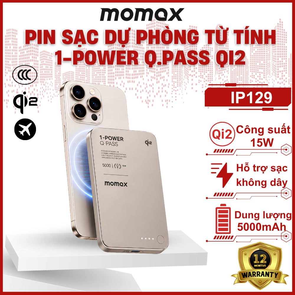 [ CHỨNG CHỈ CCC ] Pin Sạc Dự Phòng Không Dây Từ Tính Momax IP129- 1-Power Q.Pass Qi2 5000mAh 15W Siê