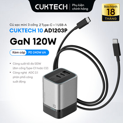 Củ Sạc GaN Mini Cuktech 10 AD1203P 120W - 3 Cổng Sạc Nhanh Laptop iPhone Xiaomi 15  Kèm Cáp 240W 6A - Chính Hãng