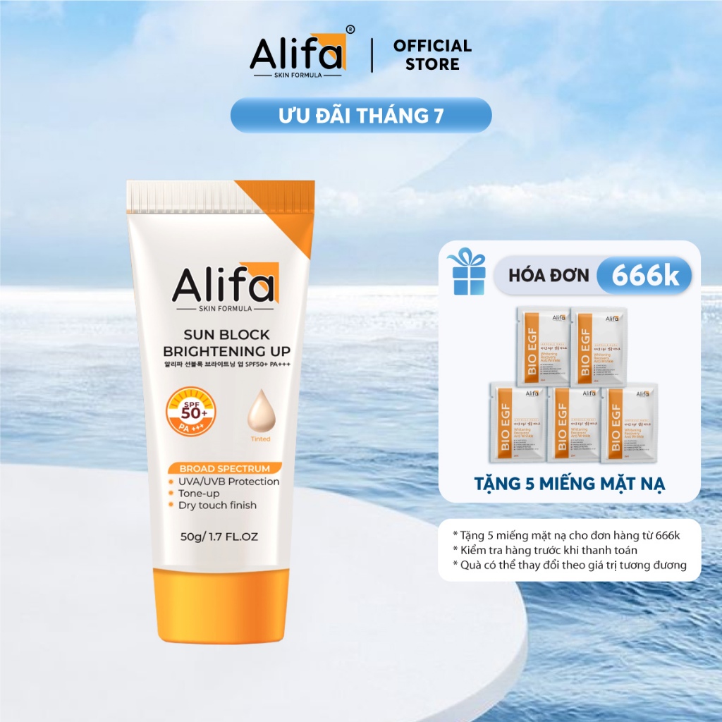 15/7 SALE LỚN - Kem chống nắng Alifa Sun Block Brightening Up 50g, SPF50+ PA+++, nâng tone, dưỡng da