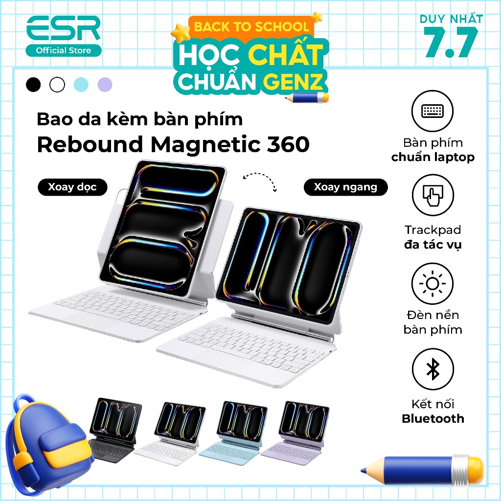[Livestream KOL] Ốp lưng bao da iPad kèm bàn phím ESR Magnetic Rebound 360 3 góc xem cho Pro 11" 13"