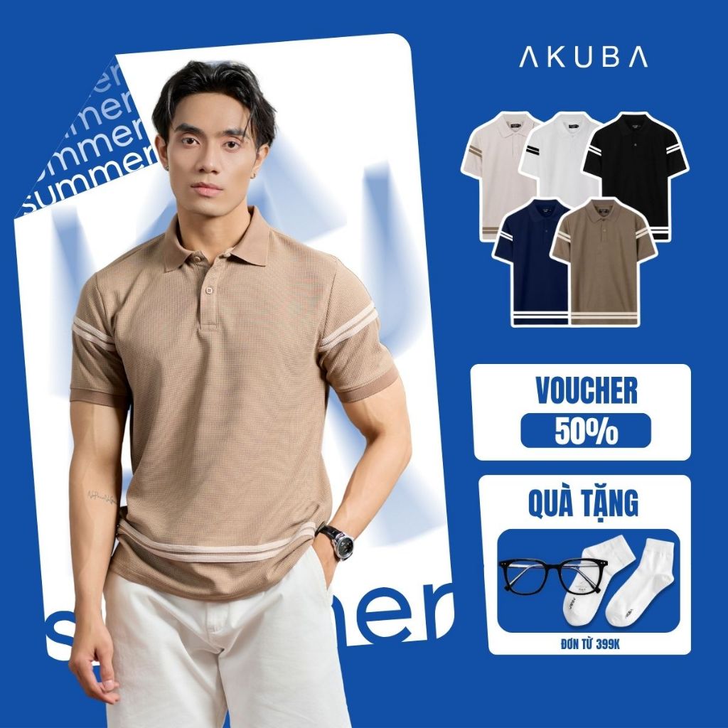 Áo Polo Nam AKUBA Tay Ngắn Thoáng Mát Form Chuẩn - Kẻ Tay & Lai Áo | 01HE1314