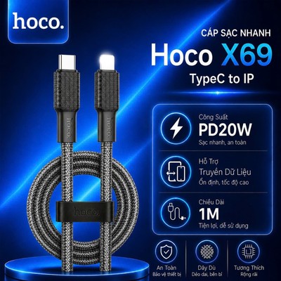 Cáp Sạc Nhanh TypeC to IP PD20W Hoco X69 hỗ trợ dữ liệu dùng cho ip14 trở xuống, chất liệu bện dù phối màu dài 1M