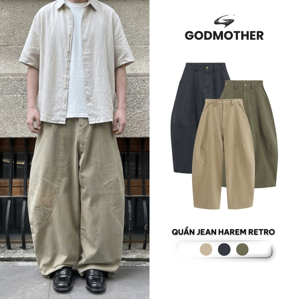 Quần Jean Retro Form Rộng GODMOTHER Quần Jean Harem Cạp Trễ Túi Kiểu Phong Cách Đường Phố Năng Động