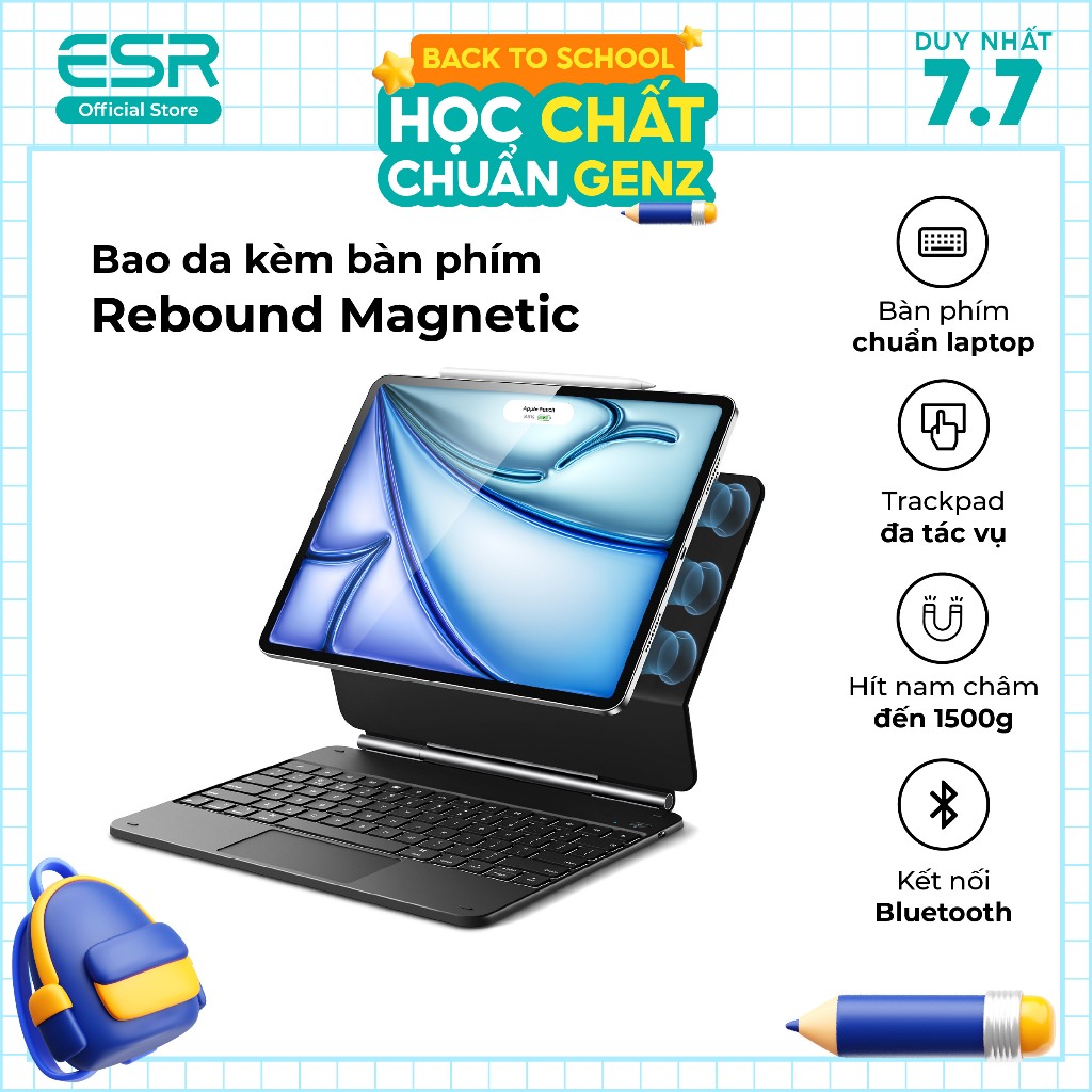 Bao da ốp lưng iPad kèm bàn phím ESR Rebound Magnetic Bảo vệ toàn diện Air 6/7/8, Pro 11”,Gen 11 A16