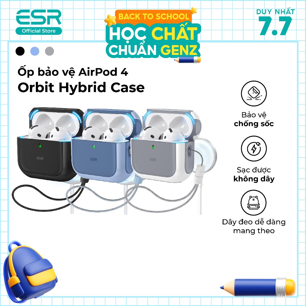 [Livestream KOL] Ốp bảo vệ AirPod 4 ESR Orbit Hybrid Case chống sốc va đập sạc không dây có dây đeo