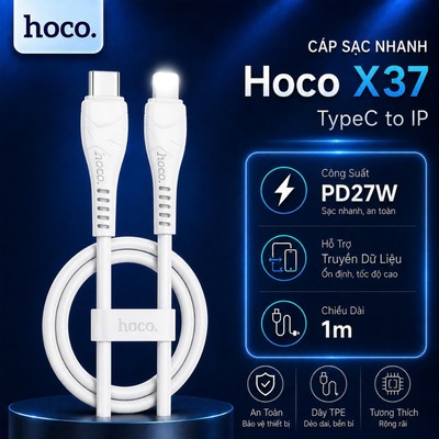 Cáp sạc nhanh TypeC to IP PD27W HOCO X37 dùng cho ip14 trở xuống, dây dẻo, đầu sạc chống đứt ,dài 1M