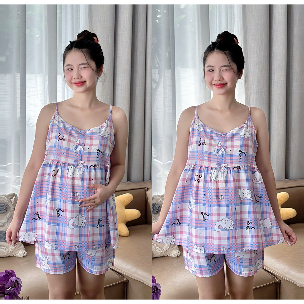 EVERMOM l Đồ bộ bầu ĐÙI 2 DÂY PHỐI đính nơ mặc cả bầu và sau sinh