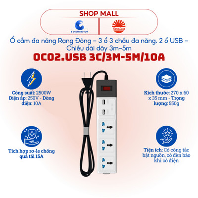 [HỎA TỐC] Ổ cắm điện Rạng Đông OC02.USB 3C/3M/10A-3C/5M/10A - 2500W - Tích Hợp 2 Cổng Sạc USB 5V 2A