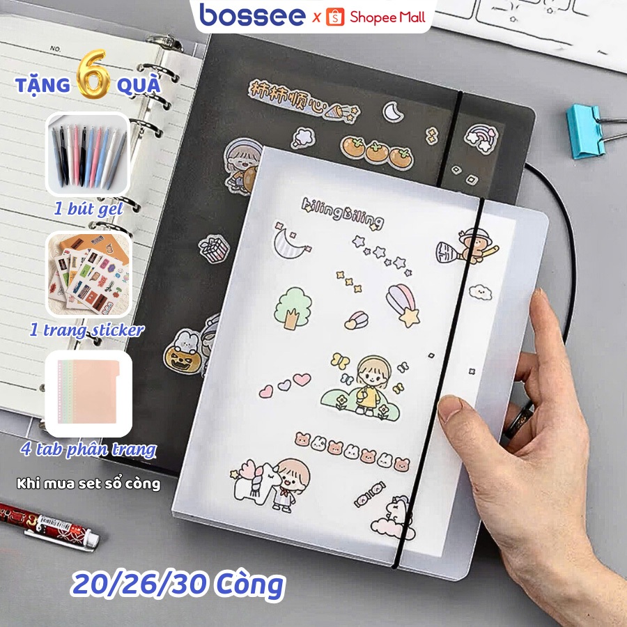 [Tặng Tab+Bút+Sticker] Set Sổ Còng Bìa Trắng Đen Bossee A4/A5/B5, Giấy Kẻ Ngang/Kẻ Vuông 120 Trang