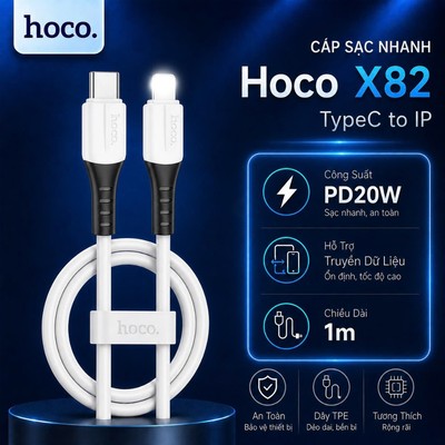 Cáp sạc nhanh Typec to IP PD20W Hoco X82 dùng cho ip14 trở xuống, siêu bền chống đứt dài 1M