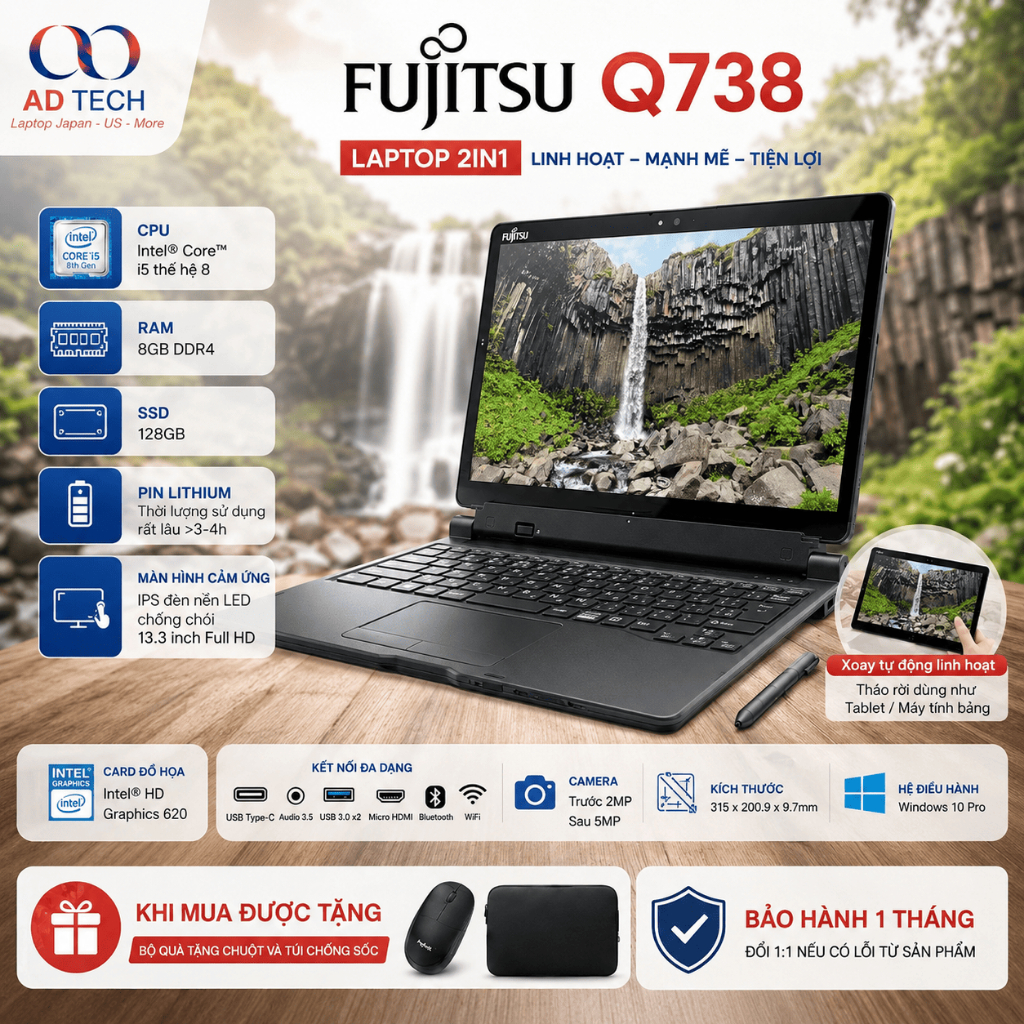 Laptop 2in1 Fujitsu Q738 nội địa Nhật tương đương Surface 5 pro, ngoại quan giống Fujtisu Q739