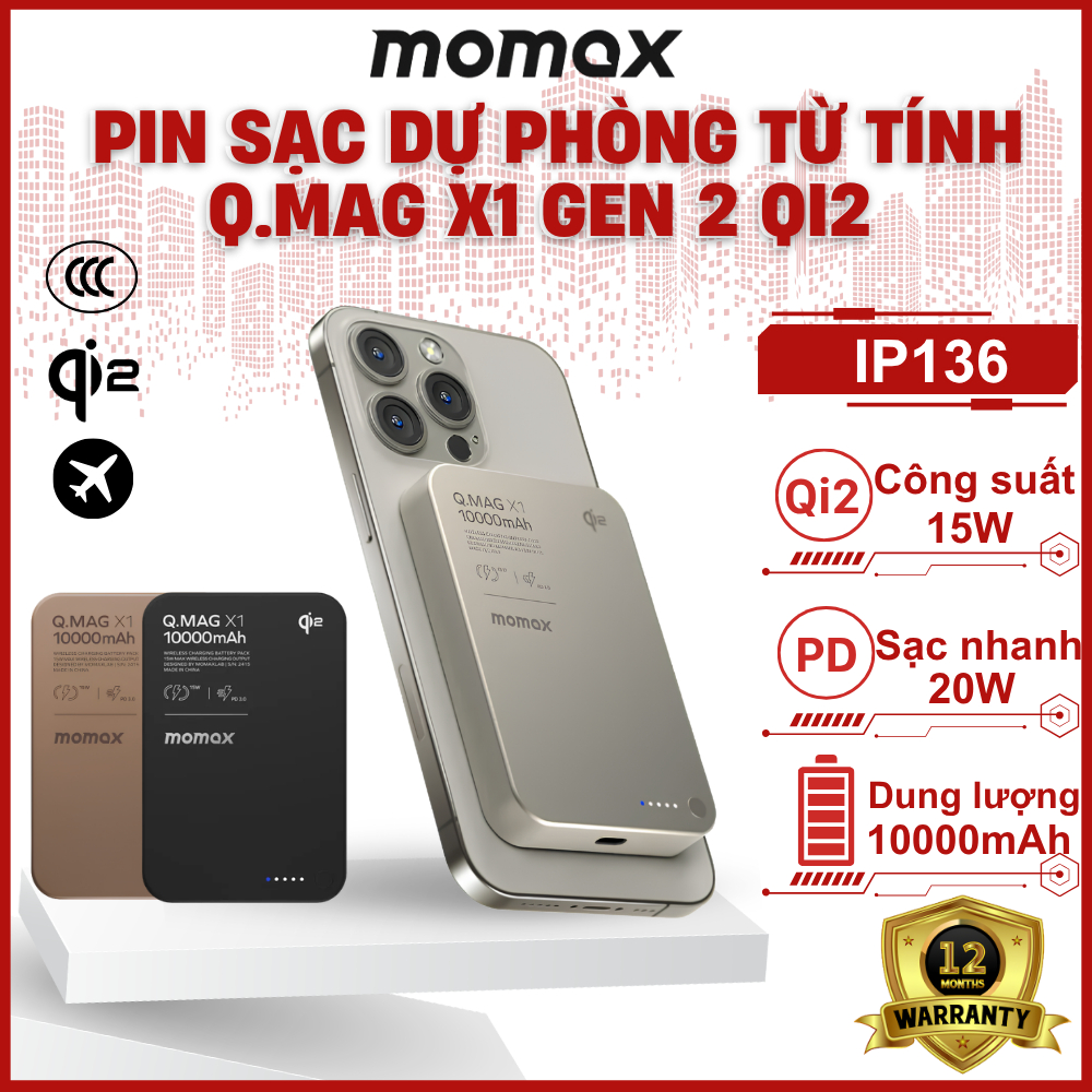 [Chứng chỉ CCC] Pin sạc dự phòng không dây từ tính Momax Q.Mag X1 IP136 10000mAh Qi2 | Gen 2 | Siêu 