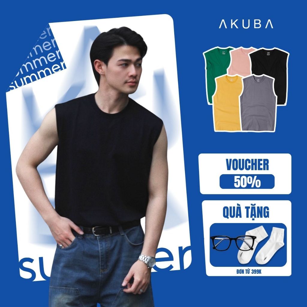 Áo Hè Tanktop Ba Lỗ Nam AKUBA Cổ Tròn Form Oversize Cotton 100% Sợi Tự Nhiên Thoáng Mát | 01JE1079