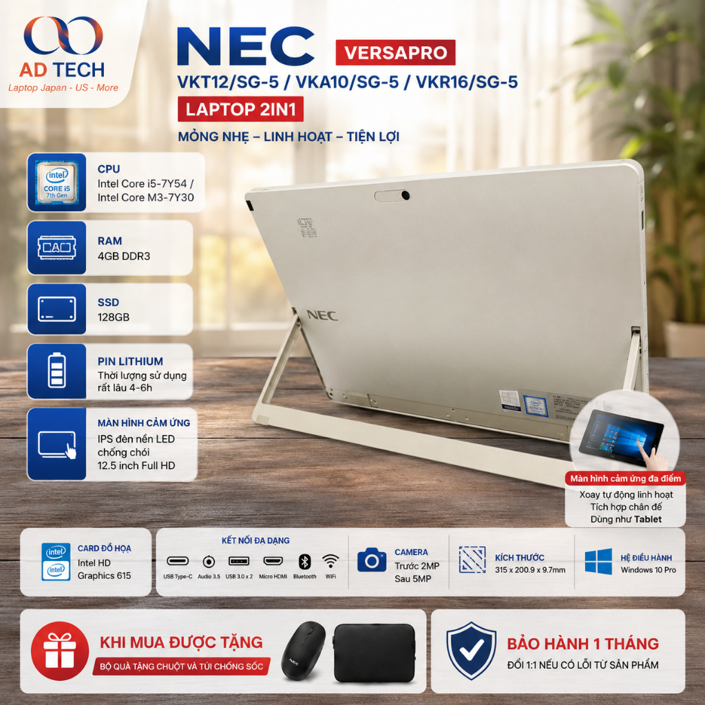 Cấu hình cao tương đương Surface Pro Laptop 2in1 NEC GOLD 12.5inch M3/Ram4/SSD128 pin 3-4h