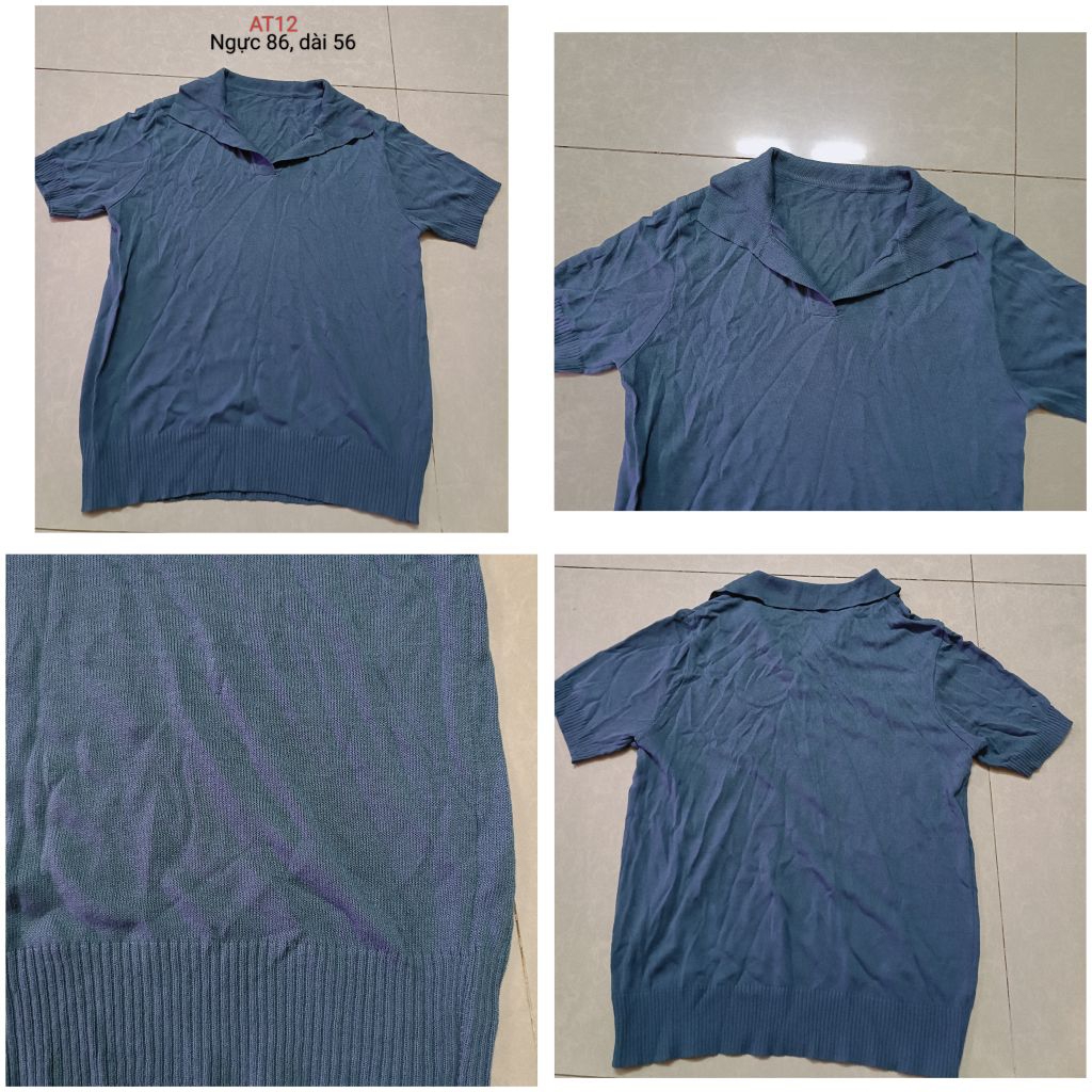 AT12#Áo Len Tăm Nữ Cổ Bẻ Vintage AT12 - Áo Thun Dệt Kim Tay Ngắn Dáng Suông Retro Si Tuyển Độ Mới Ca